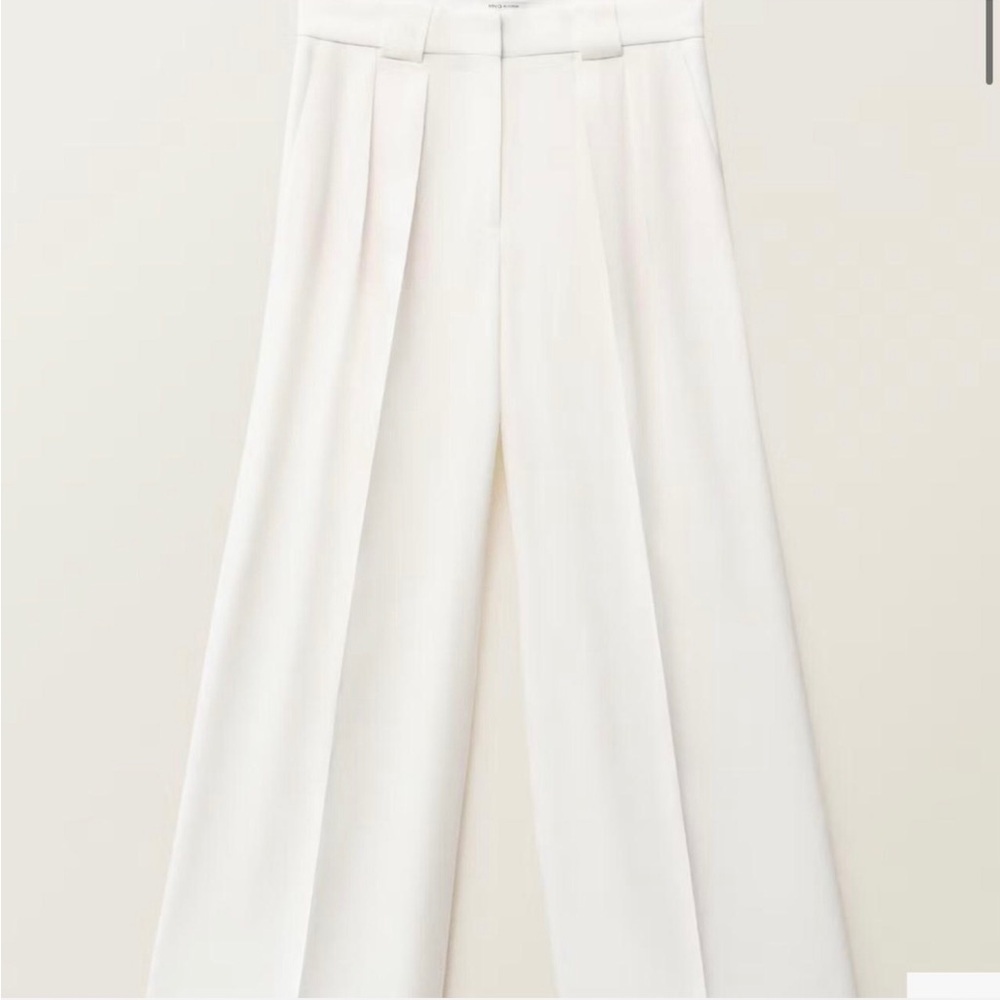 Mango  Cream High-Waist Wide-Leg Pleated Trousers